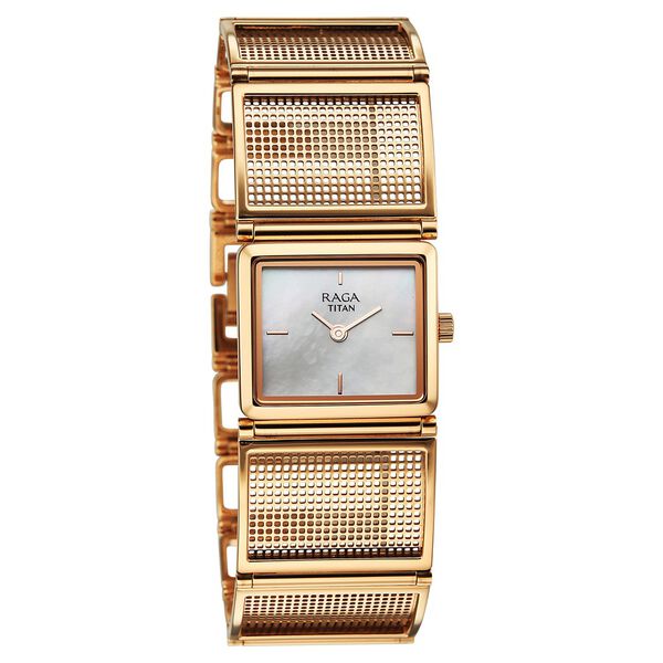 Titan Raga Ethereal Quartz Analog White Mother Of Pearl Dial Rose Gold Stainless Steel Strap Watch For Women - image number 1