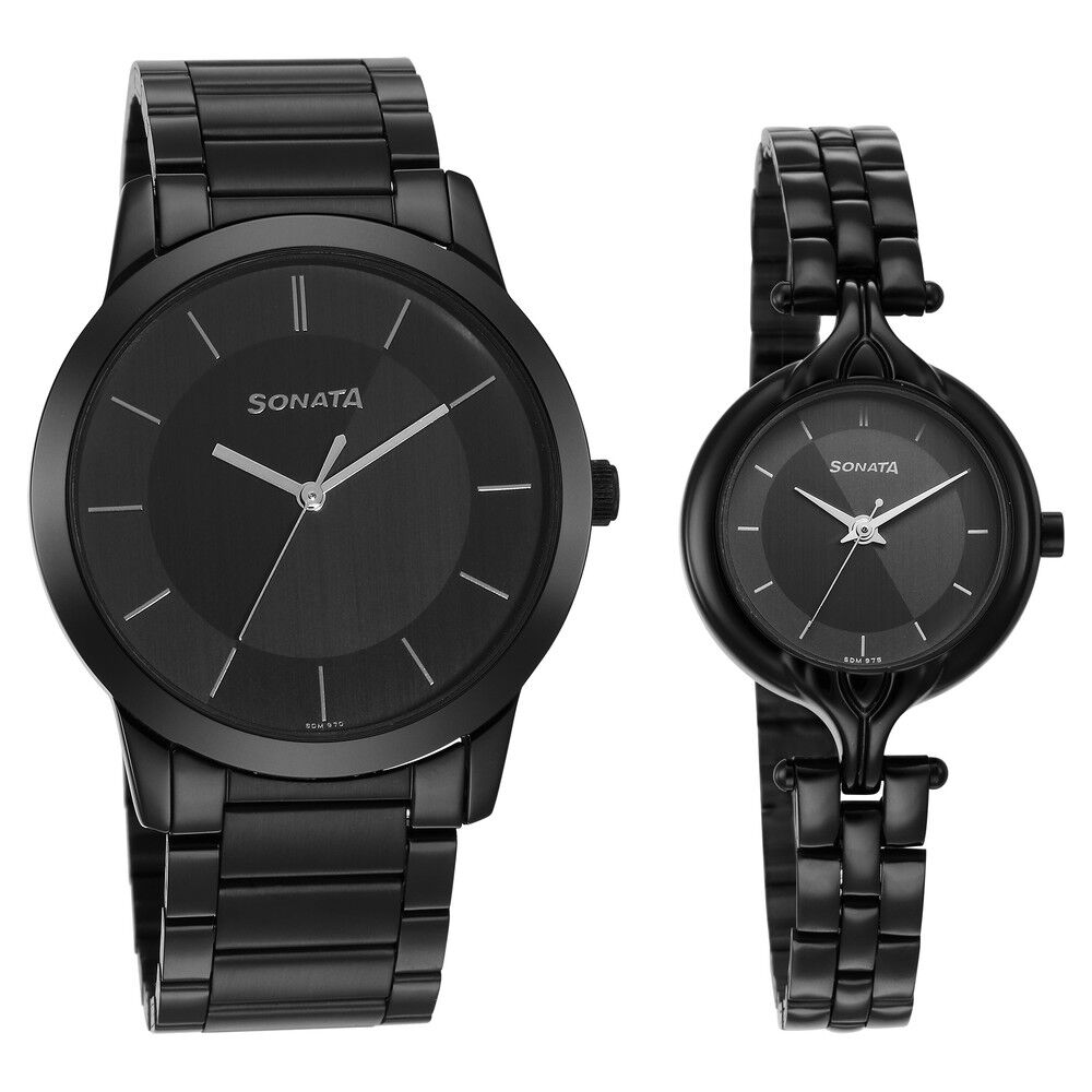 Sonata Quartz Analog Black Dial Stainless Steel Strap Watch for Couple