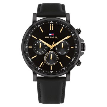 Tommy Hilfiger Multifunction Black Round Dial Black Leather Strap Watch For Men