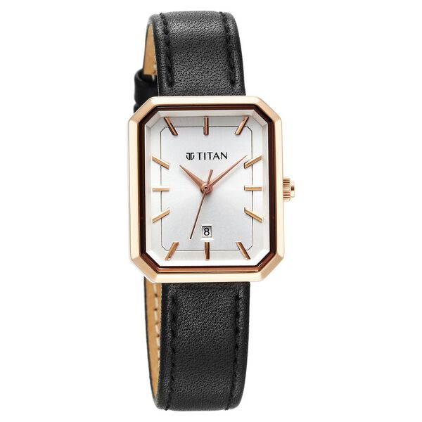 Titan Minimalists Quartz Analog with Date Silver Dial Black Leather Strap Watch for Women - image number 1