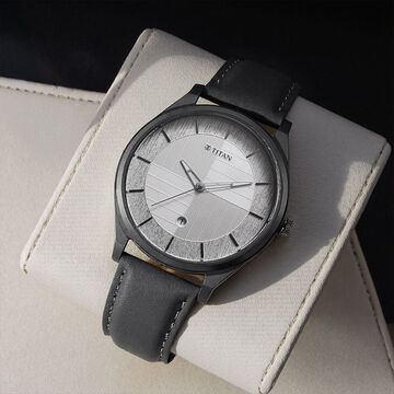 Titan Neo Economy Quartz Analog with Date Silver Dial Grey Leather Strap Watch For Men