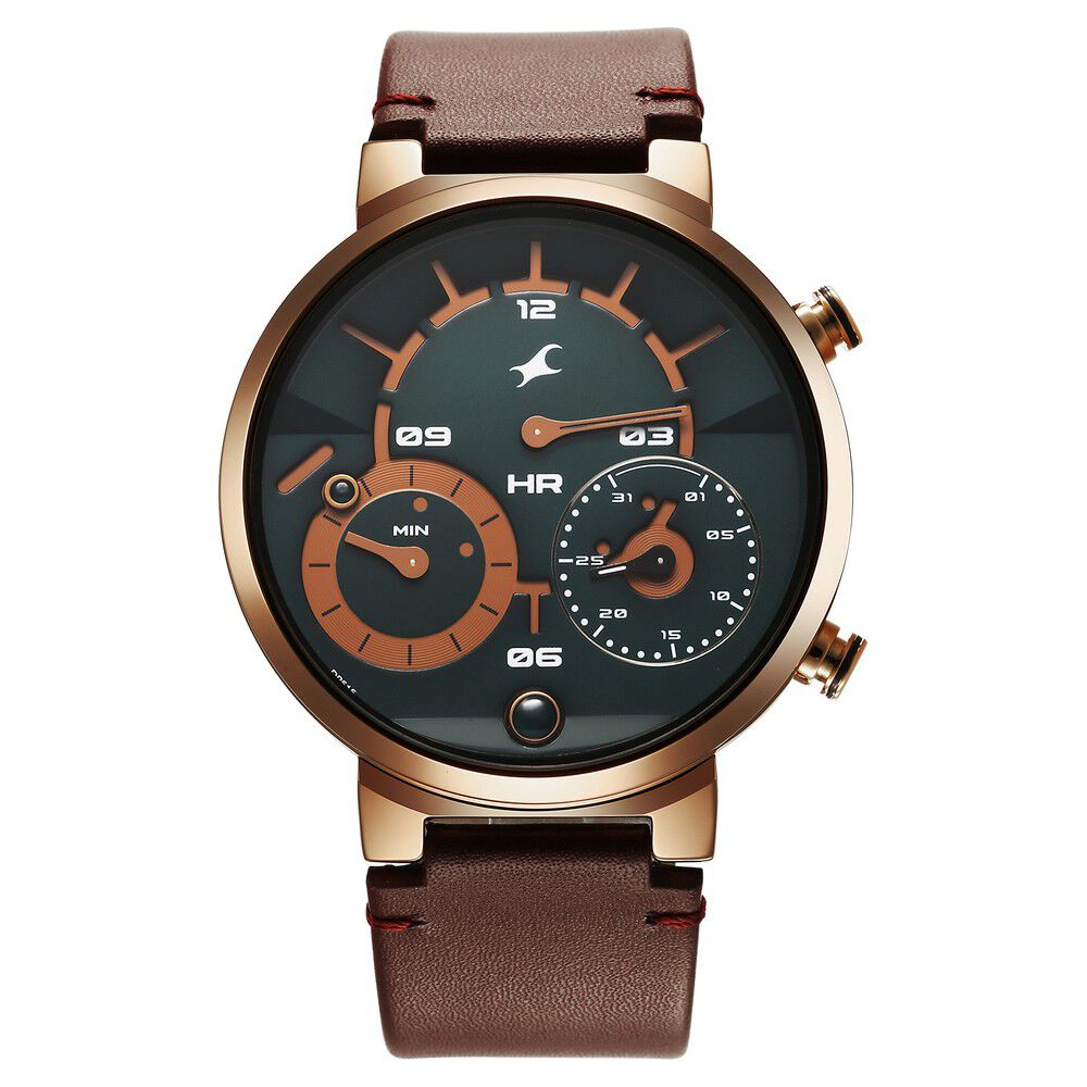 Buy Online Fastrack Gambit Micromotor Green Dial Brown Leather Strap Analog Watch for Guys 3309ql01 Titan