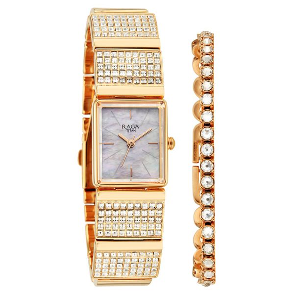 Titan Raga Unlocked Quartz Analog Mother Of Pearl Dial Rose Gold Metal Strap Watch For Women - image number 1