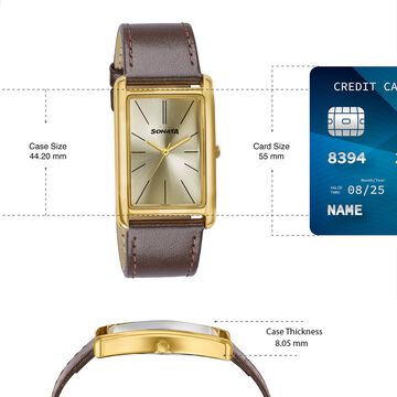 Sonata Ascent Gold Rectangular Watch with Brown Leather