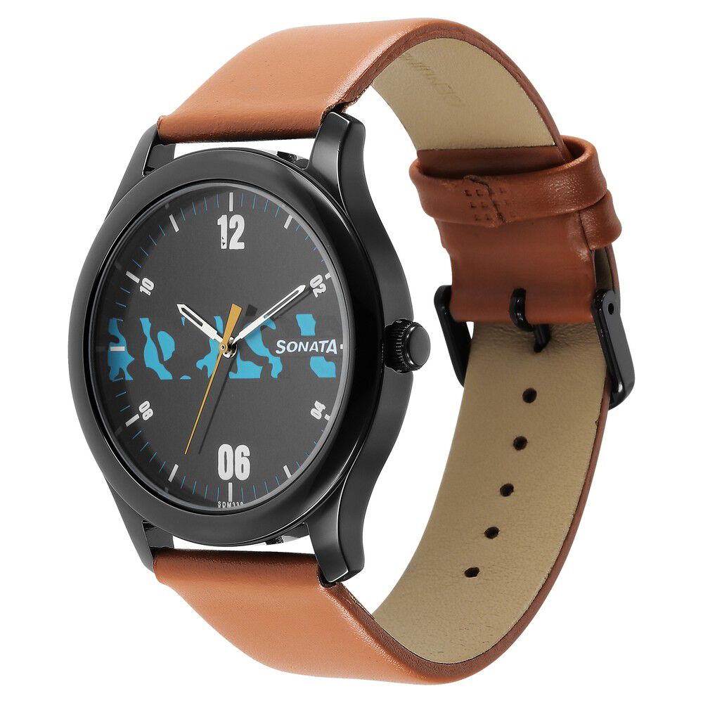 Buy Online Sonata Quartz Analog Black Dial Leather Strap Watch for