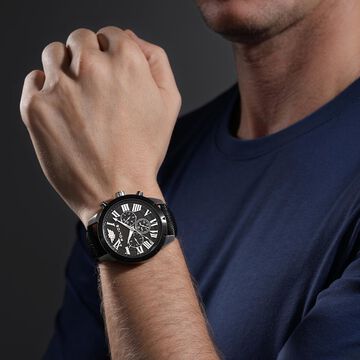 Police Quartz Multifunction Black Dial Black Leather Strap Watch For Men