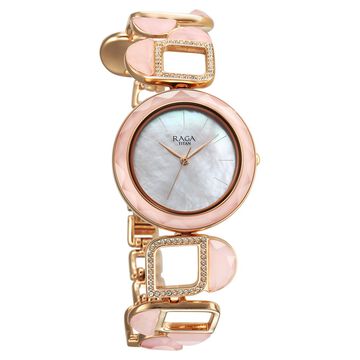 Titan Raga New You Quartz Analog Mother Of Pearl Round Dial Rose Gold Metal Strap Watch For Women