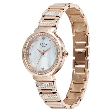 Titan Raga Spotlight Quartz Analog Mother of Pearl Dial Rose Gold Metal Strap Watch For Women