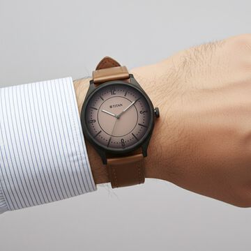 Titan Neo Basics Analog with Beige Dial Brown Leather Strap Watch for Men