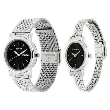 Sonata Quartz Analog with Day and Date Black Dial Metal Strap Watch for Couple