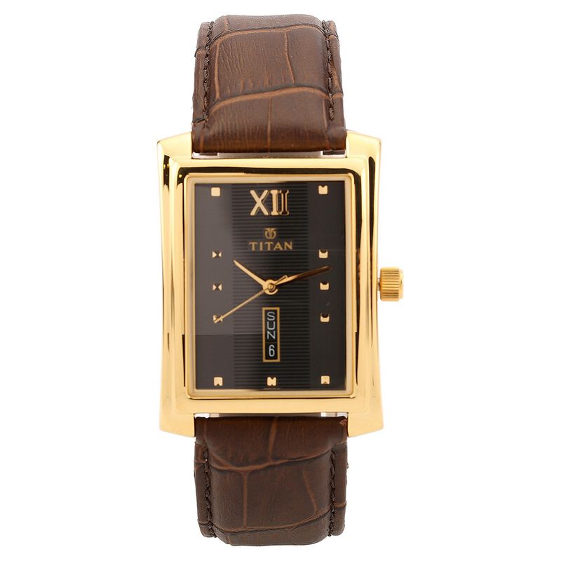 Titan Quartz Analog with Day and Date Black Dial Leather Strap Watch for Men