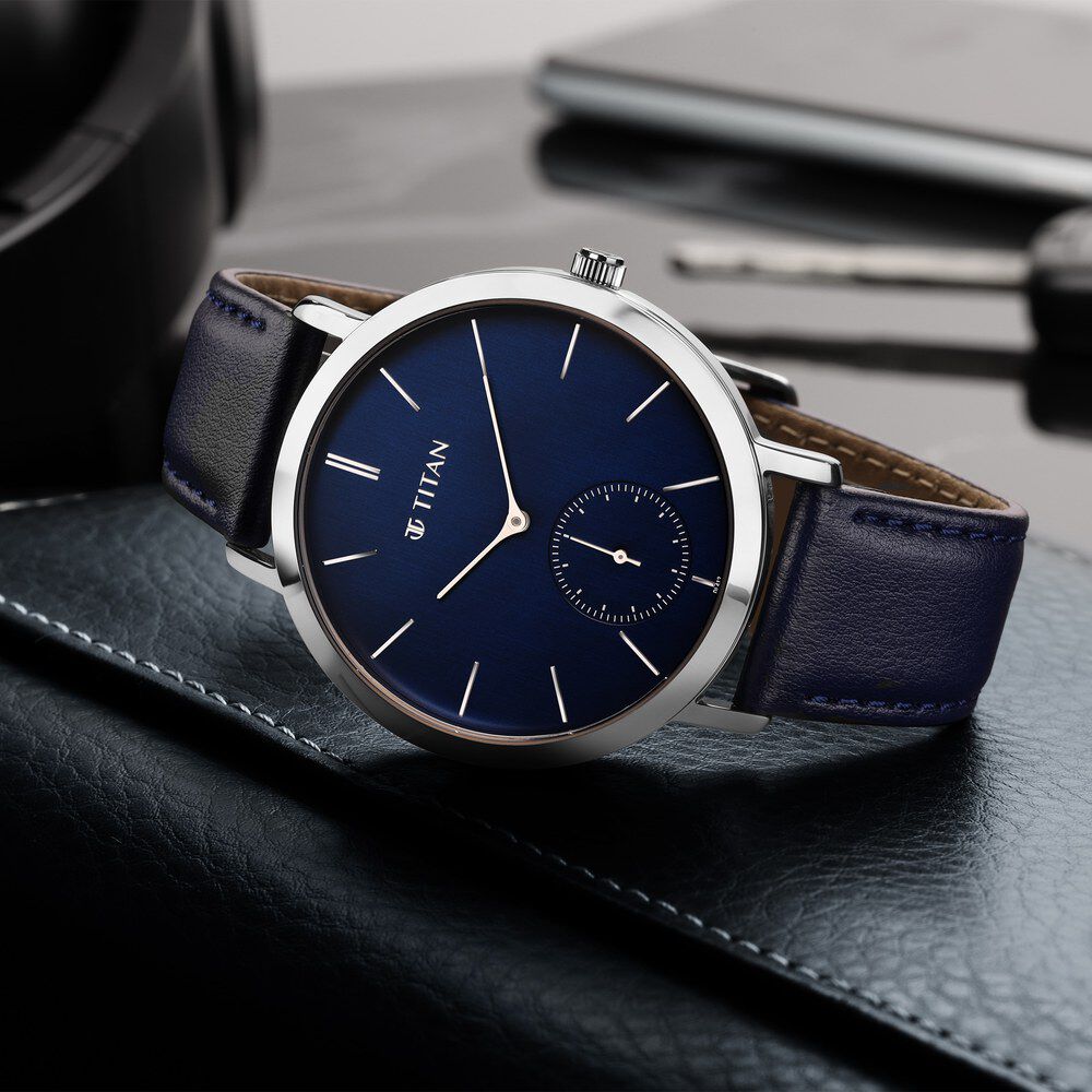 Buy Online Titan Memento Blue Dial Analog Leather Strap watch for Men nr90130sl02 Titan