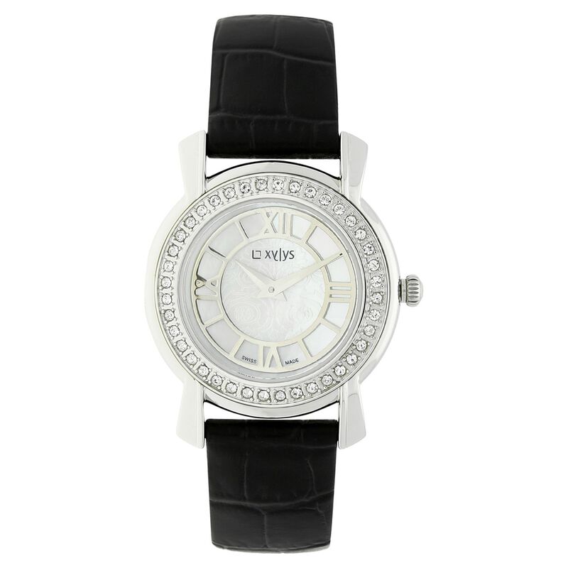 Xylys Swiss Analog Black Leather Strap and Mother of Pearl Dial Watch For Women