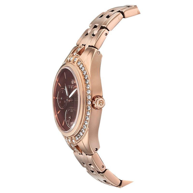 Titan Quartz Multifunction Maroon Dial Stainless Steel Strap Watch for Women - image number 1