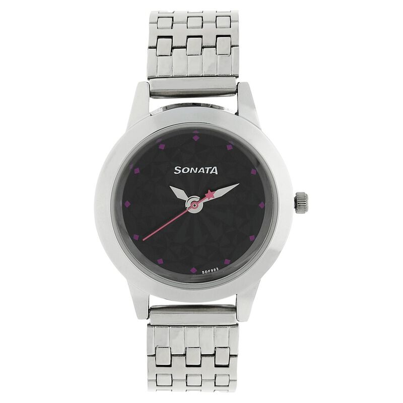 Sonata Quartz Analog Black Dial Stainless Steel Strap Watch for Women