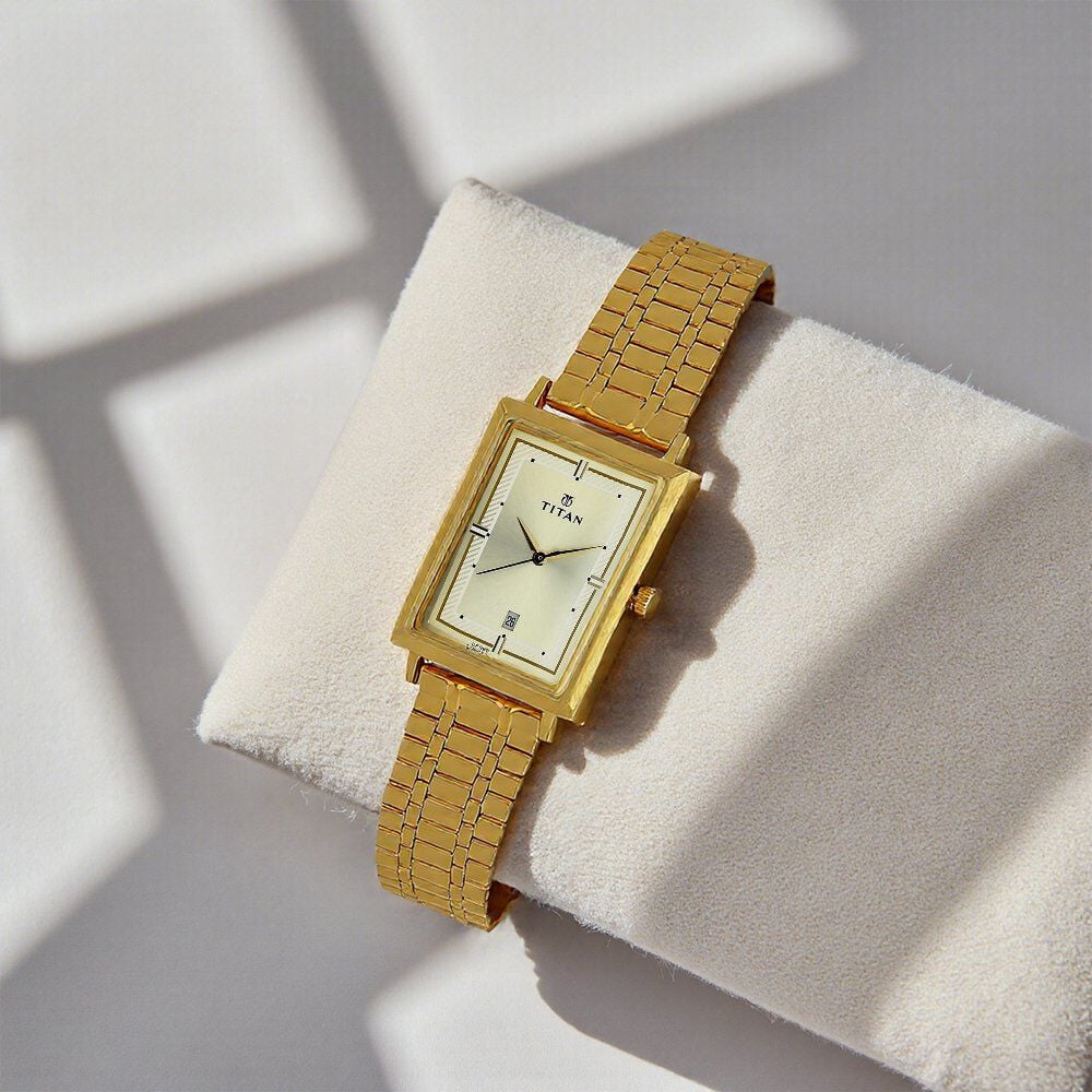 Titan Quartz Analog with Date Champagne Dial Golden Stainless Steel Strap Rectangular Shaped Watch For Men-image-44