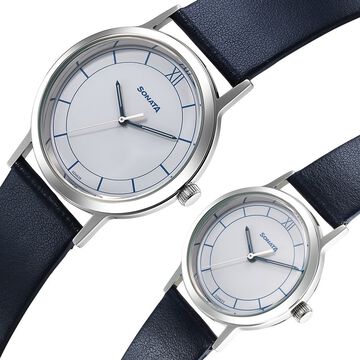 Sonata Pairs Quartz Analog White Dial Black Leater Strap Watch for Couple