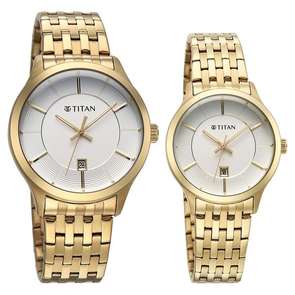 Titan Modern Bandhan Pair Analog with White Dial Yellow Gold Stainless Steel Strap Watch for Couples - image number 1