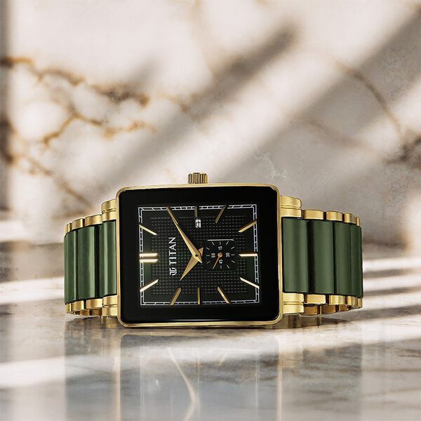 Titan Regalia Shaped Ceramic Quartz Analog with Date Green Dial Steel & Ceramic Strap Watch For Men - image number 0