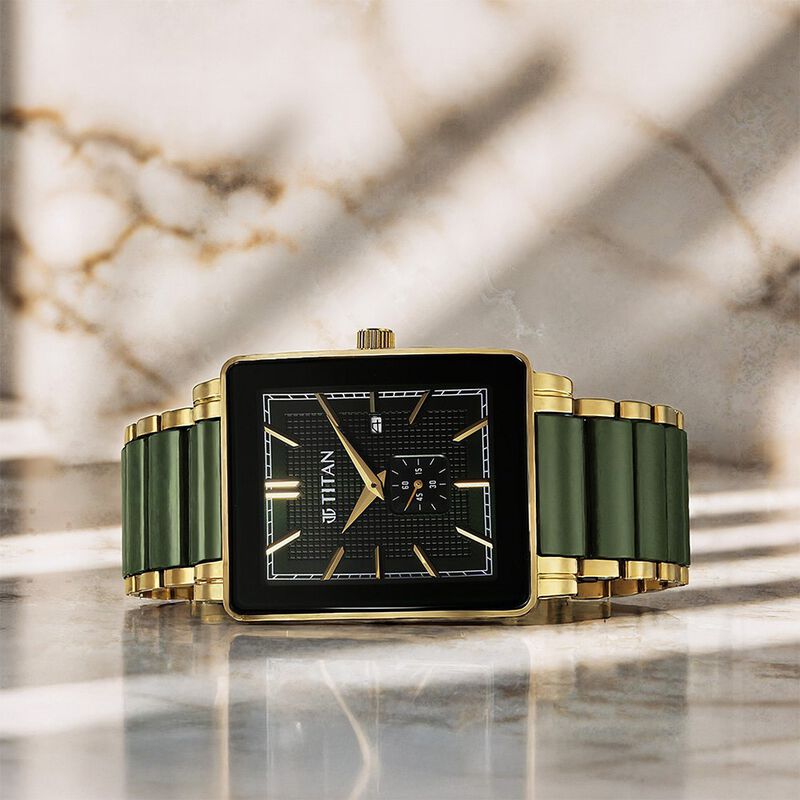 Titan Regalia Shaped Ceramic Quartz Analog with Date Green Dial Steel & Ceramic Strap Watch For Men