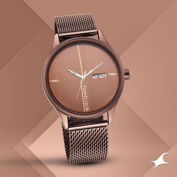 Fastrack Style Up Quartz Analog with Day and Date Brown Dial Stainless Steel Strap Watch for Guys