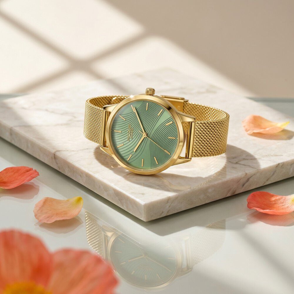 Poze By Sonata Quartz Analog Green Dial Golden Metal Strap Watch For Women-picture-38