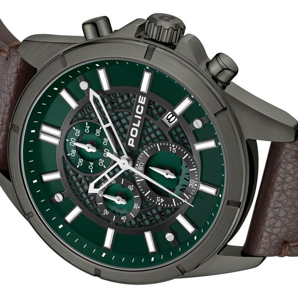 Police Chronograph Green Dial Brown Color Leather Strap Watch For Men - image number 4