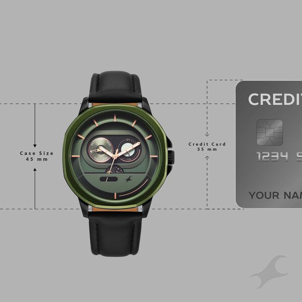 Fastrack Street Opulence Quartz Sun Moon Multifunction Green Dial Black Leather Strap Watch For Guys - image number 3