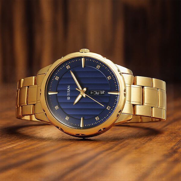Titan Regalia Opulent Blue Dial Analog with Day and Date Metal Strap watch  for Men