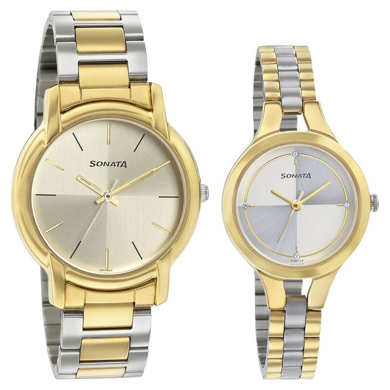 Sonata Quartz Analog Silver Dial Stainless Steel Strap Watch for Couple - image number 0