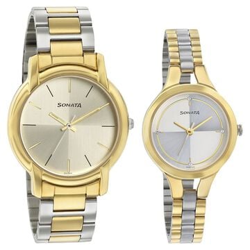 Sonata Quartz Analog Silver Dial Stainless Steel Strap Watch for Couple