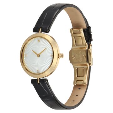Titan Nebula Lotus 18 KT Gold Quartz Analog Mother Of Pearl Dial Black Leather Strap Watch For Women