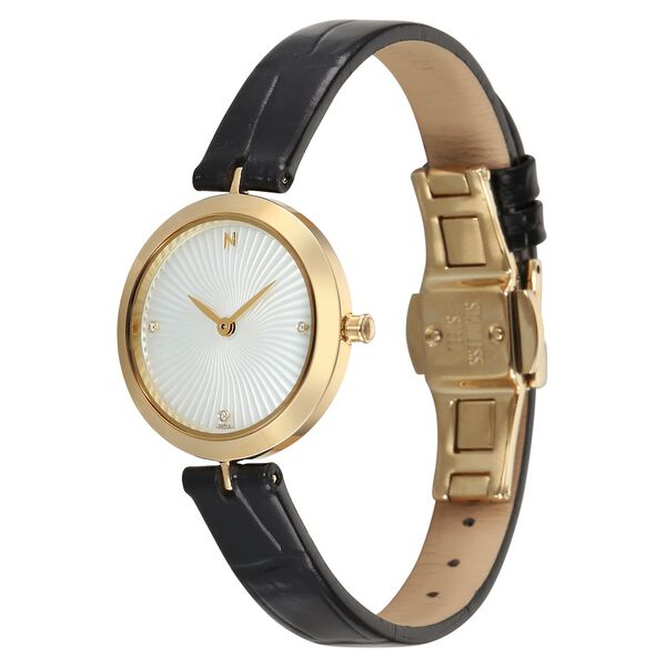 Titan Nebula Lotus 18 KT Gold Quartz Analog Mother Of Pearl Dial Black Leather Strap Watch For Women - image number 2