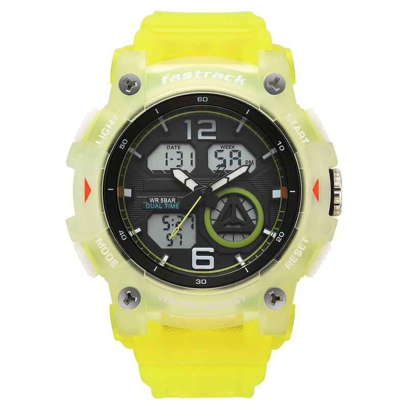 Fastrack StreetStyle Quartz Analog Digital Black Dial Translucent Green Polyether Strap Watch For Guys