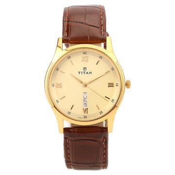 Titan Quartz Analog with Day and Date Champagne Dial Leather Strap Watch for Men