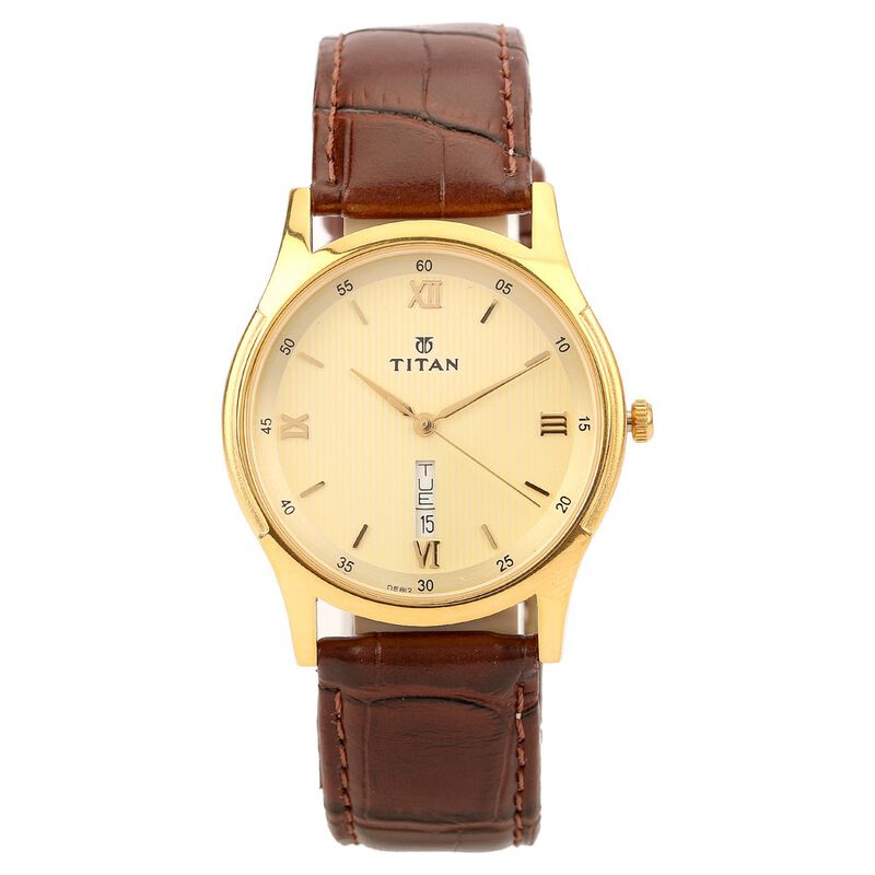 Titan Quartz Analog with Day and Date Champagne Dial Leather Strap Watch for Men - image number 0