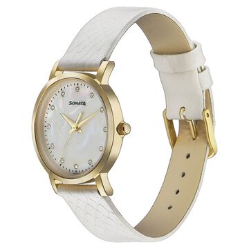 Sonata Glam Gold Quartz Analog Off White Dial Leather Strap Watch For Women