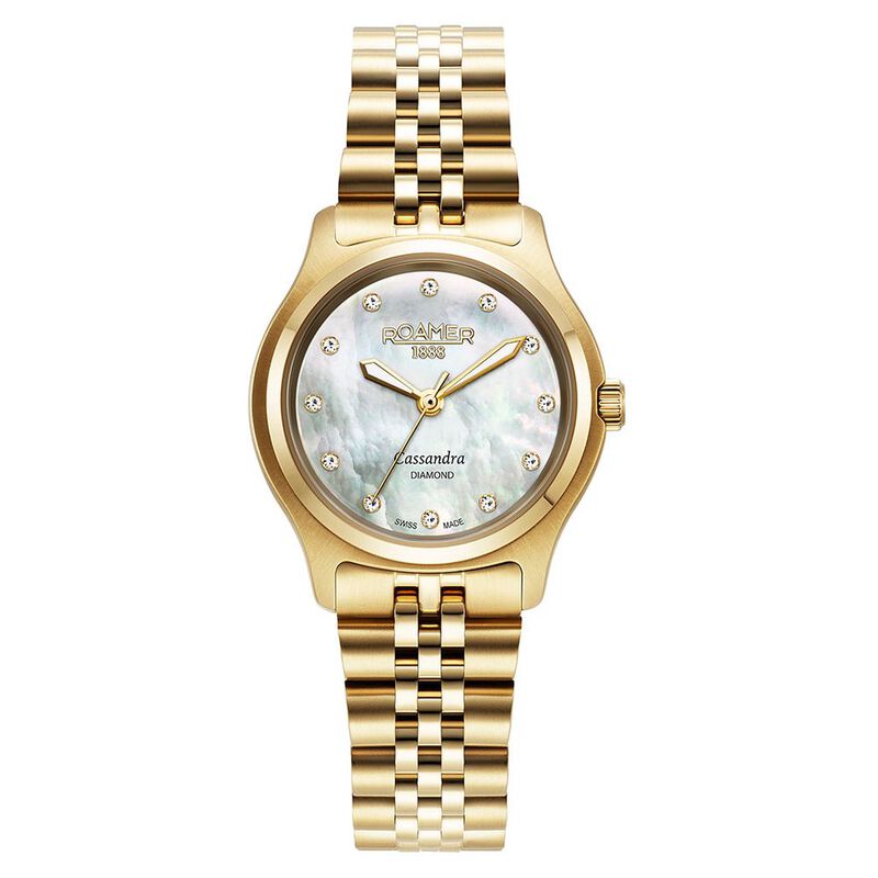 Roamer Cassandra Diamond Quartz Analog Mother of Pearl Dial Golden Stainless Steel Strap Watch For Women