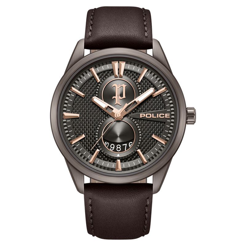 Police Quartz Analog Grey Dial Brown Leather Strap Watch For Men