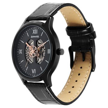 Sonata Unveil Quartz Multifunction Black Dial Leather Strap Watch for Men