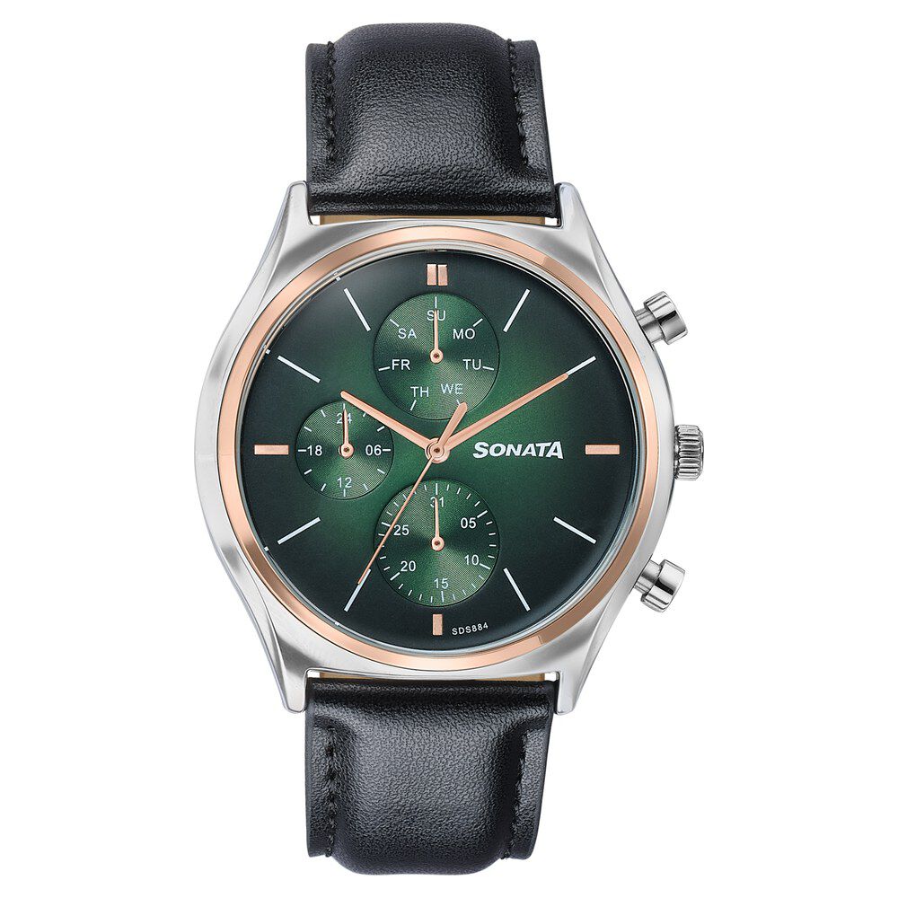 Sonata Festive Quartz Analog Green Dial Black Leather Strap Watch For Men-image-33