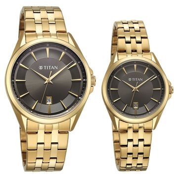 Titan Modern Bandhan Pair Analog with Black Dial Yellow Gold Stainless Steel Strap Watch for Couples