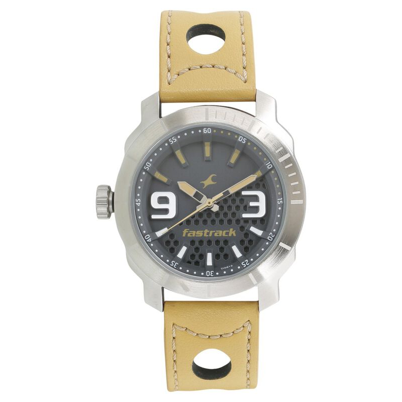Fastrack Loopholes Quartz Analog Grey Dial Leather Strap Watch for Guys