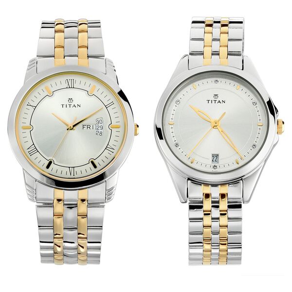 Titan Bandhan Quartz Analog with Day and Date Silver Dial Stainless Steel Strap Watch for Couple - image number 0