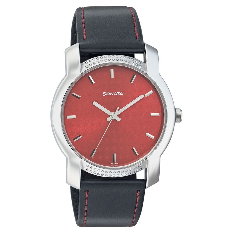 Sonata Quartz Analog Red Dial Leather Strap Watch for Men