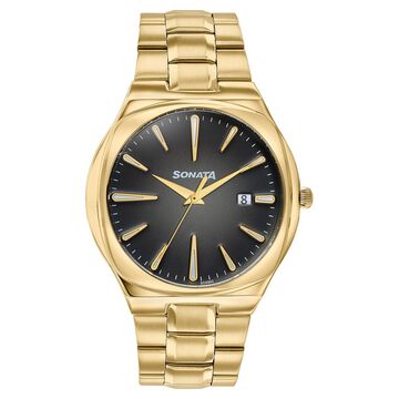 Sonata Festive Quartz Analog Black Dial Gold Metal Strap Watch For Men