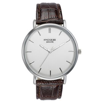 Sonata Poze Quartz Analog Silver Dial Brown Leather Strap Watch For Men
