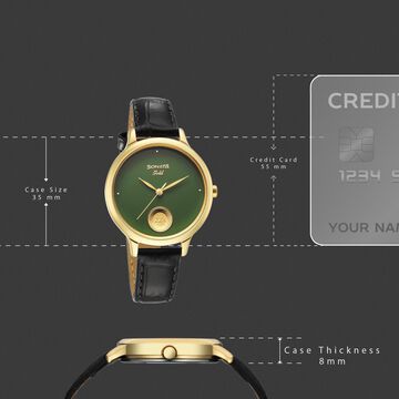 Sonata Gold Quartz Analog Sacred Forest Green With Gold Coin Dial Black Leather Strap Watch For Women