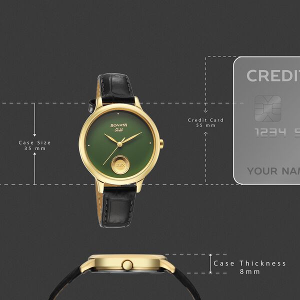 Sonata Sonata Gold Quartz Analog Sacred Forest Green With Gold Coin Dial Black Leather Strap Watch For Women - image number 3