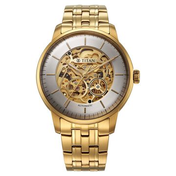 Titan Golden Heart Skeletal Automatic Analog with Silver Dial Yellow Gold Stainless Steel Strap Watch for Men